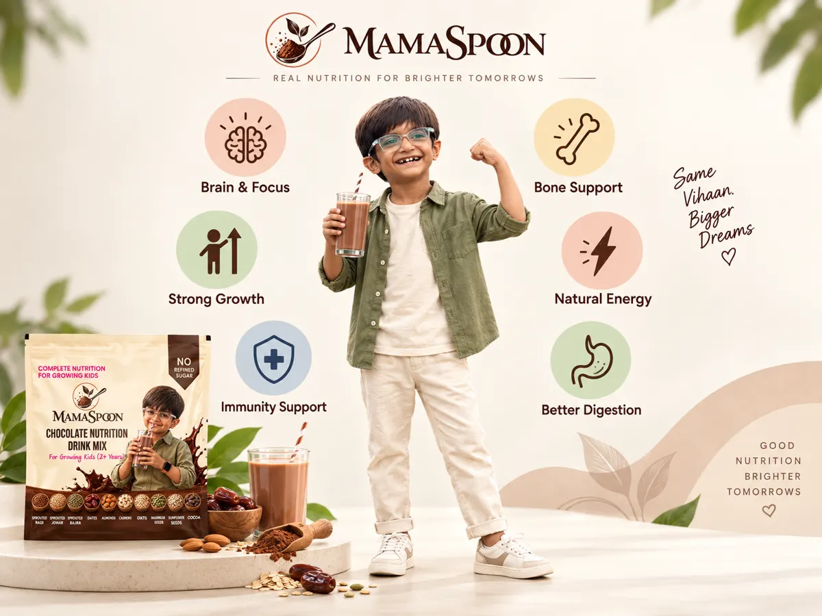 A child holding a glass of MamaSpoon drink, surrounded by icons for brain and focus, strong growth, immunity, bone support, natural energy and better digestion