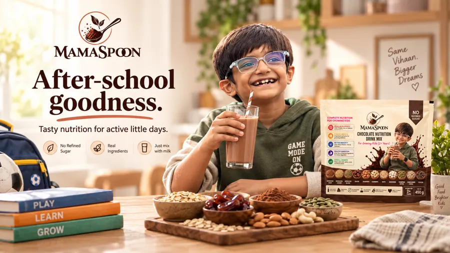 A child drinking a glass of MamaSpoon chocolate nutrition drink beside the 450 g pouch and bowls of oats, dates, cocoa and nuts