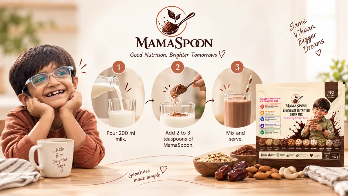 Three steps: pour 200 ml milk, add MamaSpoon powder, mix and serve