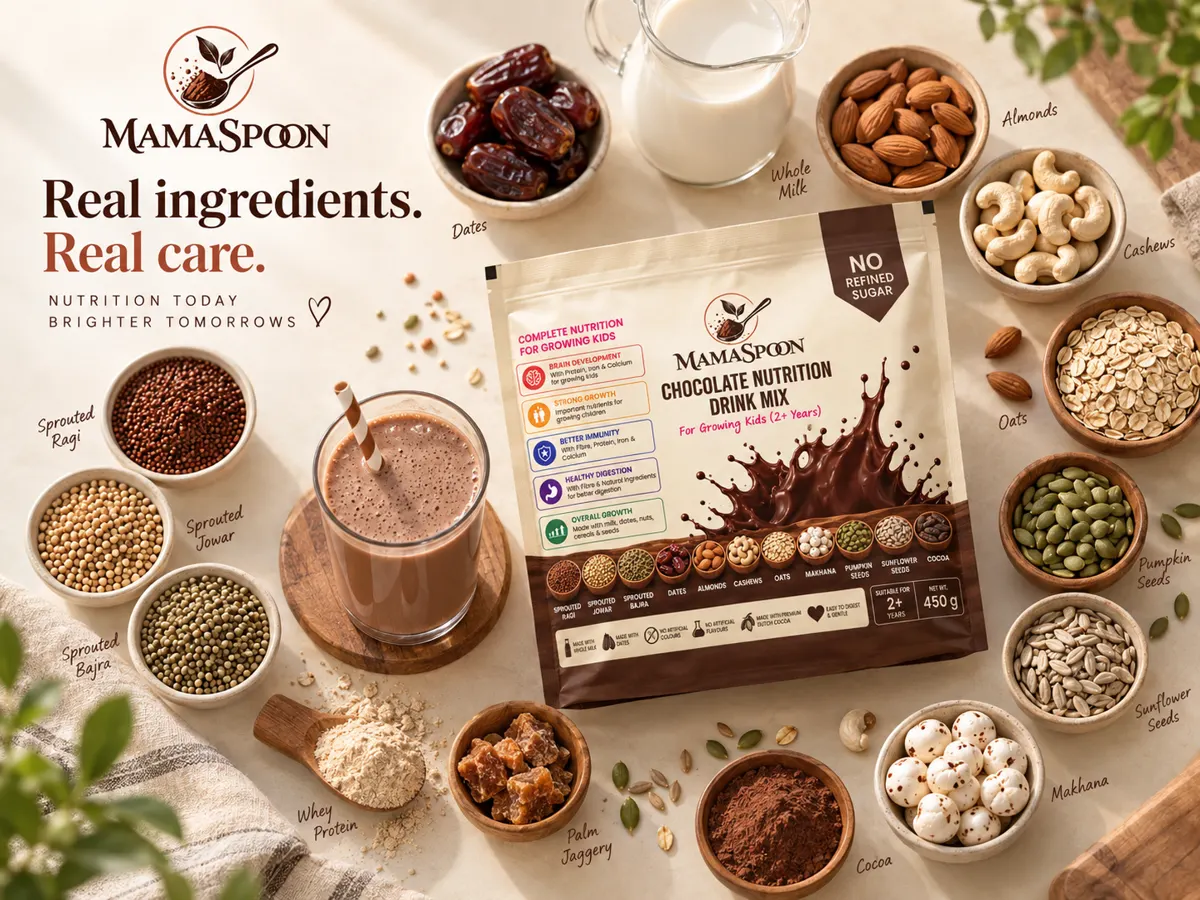 The MamaSpoon pouch surrounded by labelled bowls of dates, whole milk, almonds, cashews, oats, pumpkin seeds, sunflower seeds, makhana, cocoa, sprouted ragi, jowar and bajra, whey protein and palm jaggery