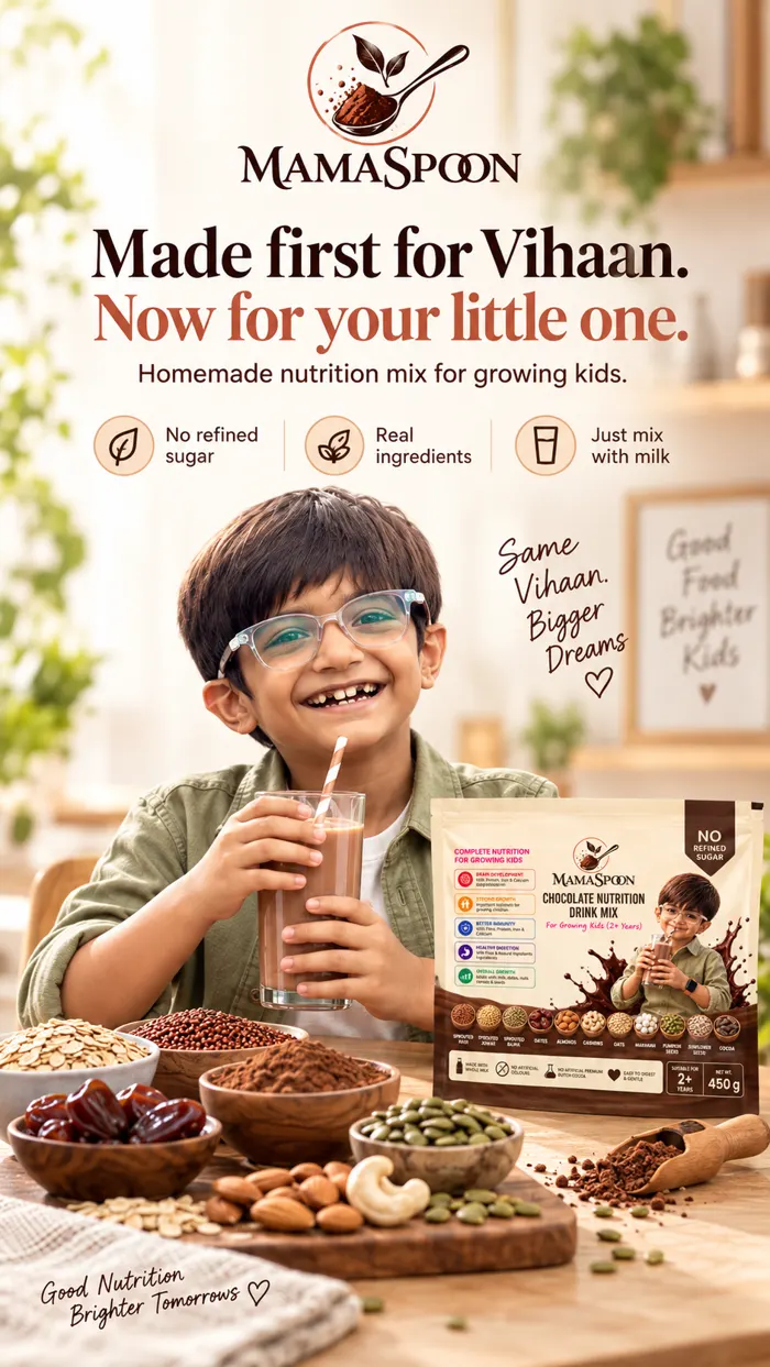 Vihaan smiling with a glass of MamaSpoon drink at the kitchen table, beside the pouch and bowls of whole ingredients